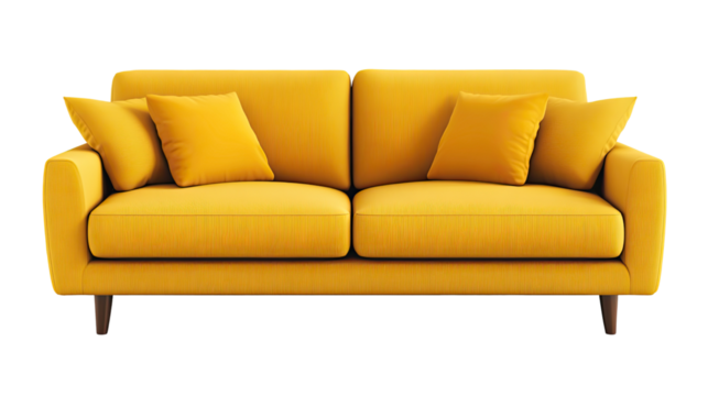 Modern Yellow Sofa with Pillows: A contemporary yellow sofa with plush pillows, offering a comfortable and stylish addition to any living room.  