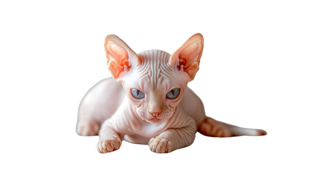 Sphynx Kitten Posing: A curious Sphynx kitten with striking blue eyes and a wrinkled, hairless body looks directly at the camera, capturing its playful and inquisitive nature. 