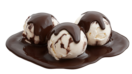 Chocolate Indulgence: Three scoops of creamy vanilla ice cream bathed in rich, decadent chocolate sauce, a perfect treat for any sweet tooth.  