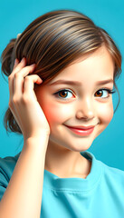 Fototapeta premium Portrait of attractive cheerful well-groomed girl touching soft smooth hair isolated over bright blue color background, graphic novel art, with white tones