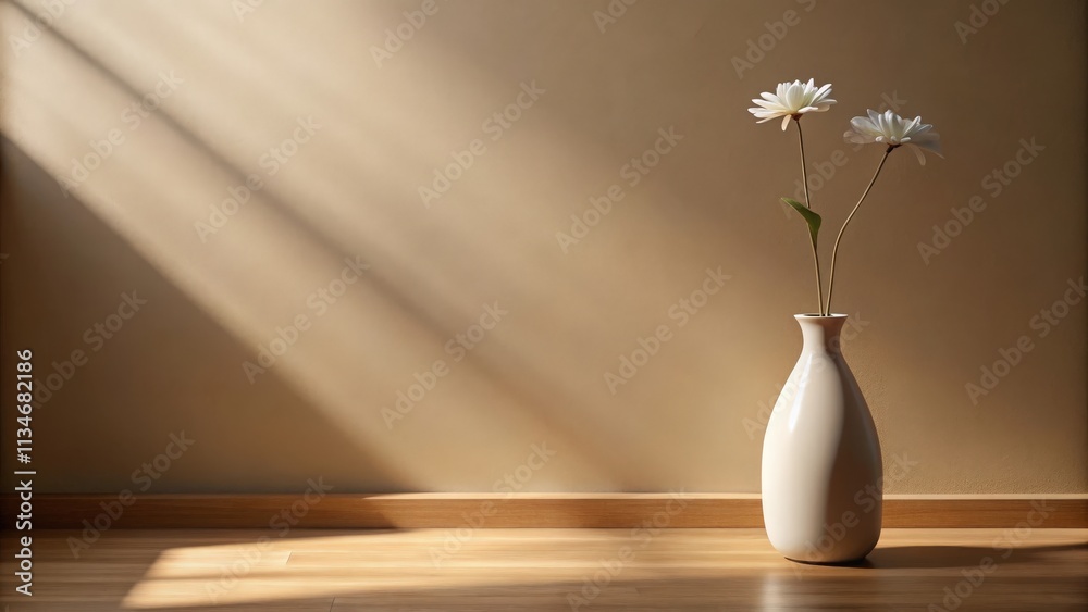 Poster Sunlight streams through a window, casting long shadows on the floor and wall, illuminating a simple white vase with two delicate white flowers.