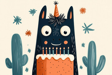 Playful illustrated character with a cake featuring birthday candles, surrounded by whimsical desert plants.