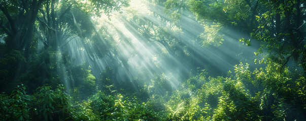 Obraz premium Beams of sunlight pierce through the tall trees, illuminating the green canopy and forest floor with a warm, golden glow. The scene is tranquil and enchanting.