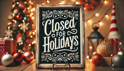 Closed for Christmas holidays, New Year vacations. text on signboard, board on window of cafe,...