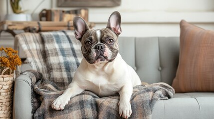 French bulldog on chic sofa with trendy muted decor