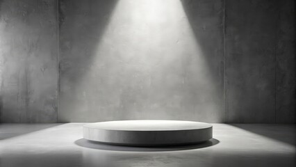 A Minimalist Concrete Podium in a Room with a Single Spotlight Emphasizing a Circular Platform for Product Display