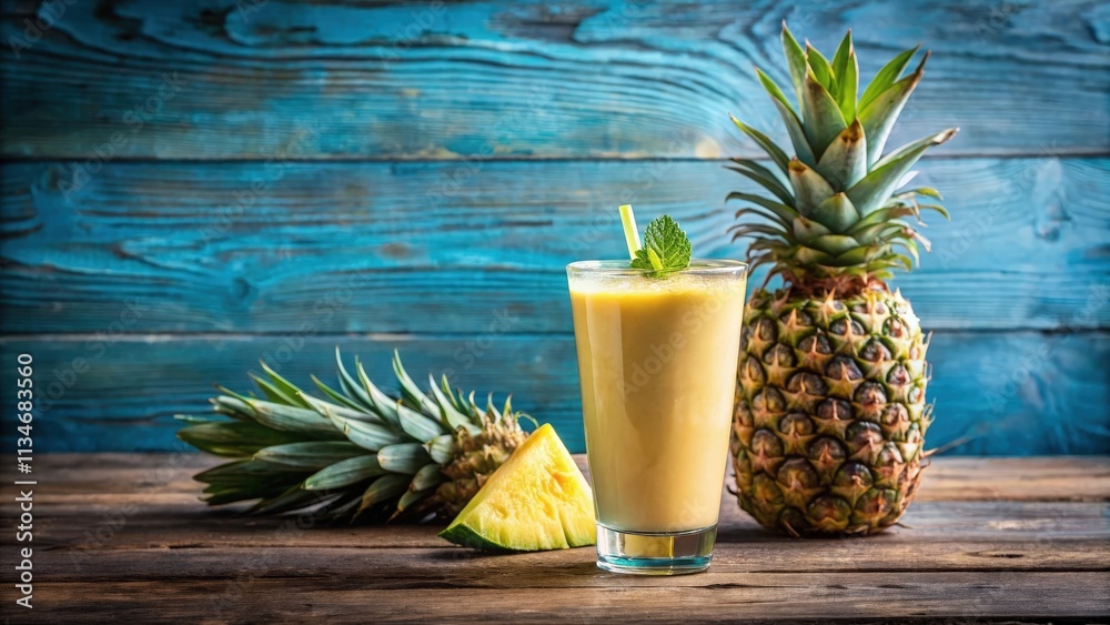 Poster refreshing pineapple smoothie with a garnish of fresh mint, served in a tall glass on a rustic woode