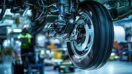 Fototapeta premium Airplane wheel compartment with mechanical components and hydraulic systems, essential for safe landing and takeoff. Precision engineering and aviation safety concepts.