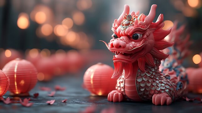A Pink Dragon Statue Holding a Glowing Round Ball
