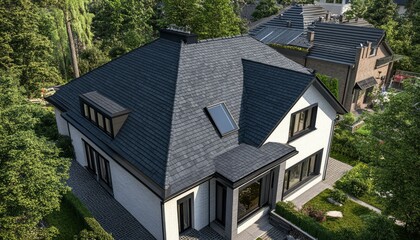 Modern House with Dark Slate Roof and White Walls