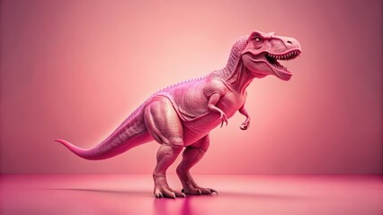 A Pink Tyrannosaurus Rex Dinosaur Standing on a Pink Background with a Long Tail and a Wide Open Mouth
