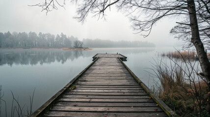 Fototapeta premium Misty lake with a wooden pier in soft light