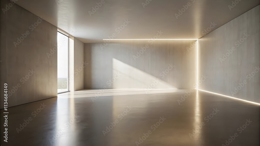 Fototapete A minimalist room with a large window and a single line of light casting a long shadow across the floor.