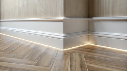 Modern interior design with white baseboards and LED strip lights illuminating the herringbone wood flooring