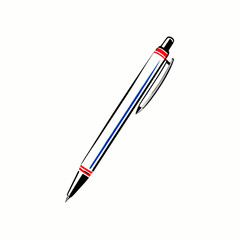 White pen with patriotic red and blue stripes angled on clean background. Professional writing instrument with clip detail. Concept: office supplies, education, stationery