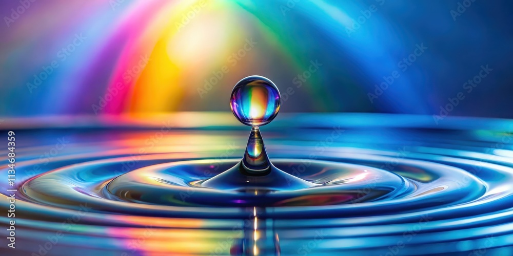 Aufkleber A single iridescent water drop creates concentric ripples on a surface reflecting a blurred rainbow backdrop