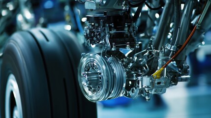 Fototapeta premium Airplane wheel compartment with mechanical components and hydraulic systems, essential for safe landing and takeoff. Precision engineering and aviation safety concepts.