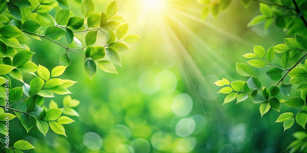 Poster sunlight filters through vibrant green leaves, casting a warm glow on a blurred background of nature