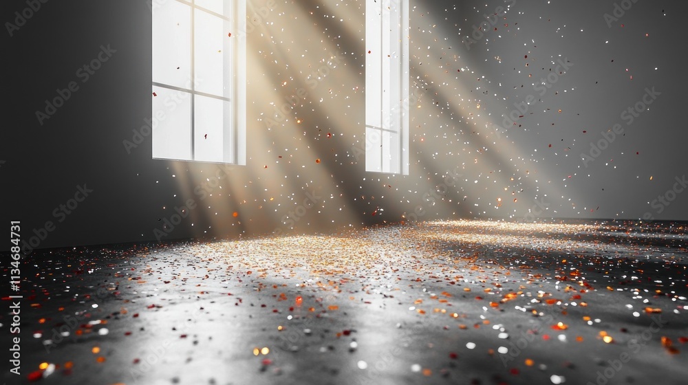 Poster a serene room illuminated by sunlight, showcasing floating particles in the air.