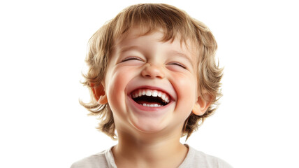 A joyful young boy with curly hair laughing heartily, capturing the essence of childhood happiness and innocence.