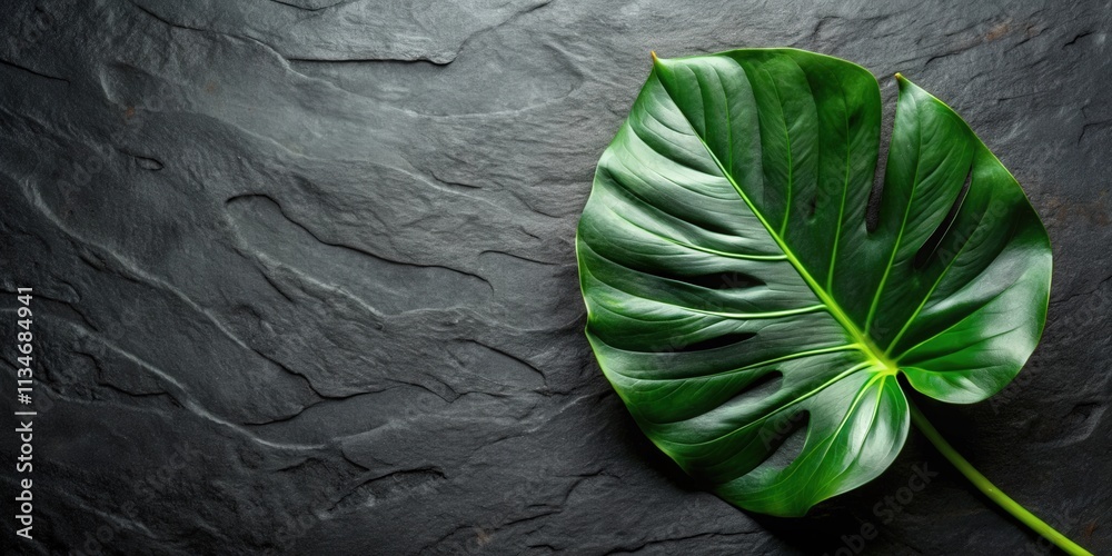 Poster a single vibrant green leaf with intricate veins resting on a textured dark slate surface