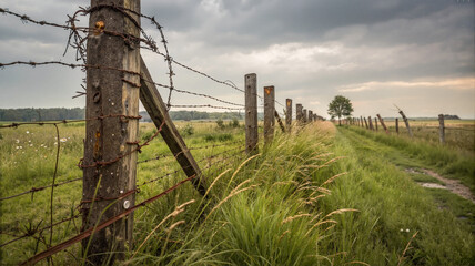 Fototapeta premium Barbed wire fence in an overgrown rural field