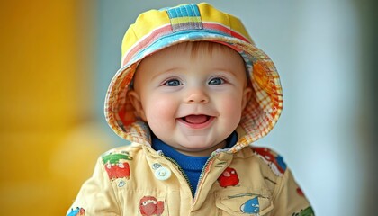 Happy Baby Wearing Colorful Hat And Jacket