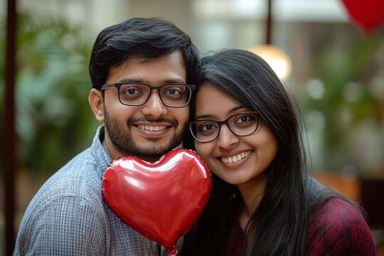 A smiling Indian couple holding a red balloon heart 