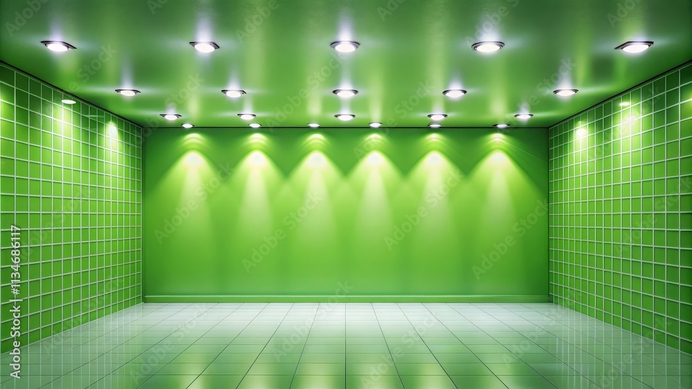 Poster empty green room with tiled walls and ceiling lights