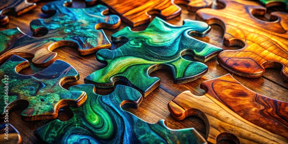 Aufkleber a close up view of interlocking wooden puzzle pieces with swirling green and brown patterns, illustr