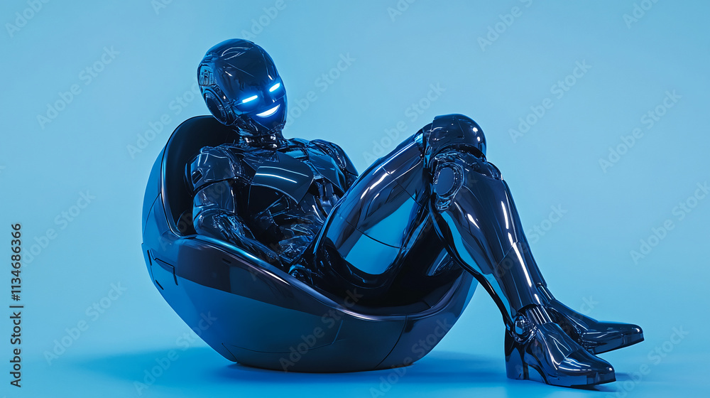 Aufkleber futuristic robot relaxing in a modern chair against a blue background in a contemporary setting