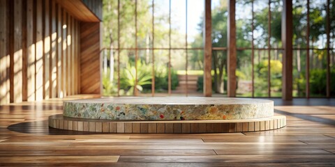 A circular wooden platform with a natural stone top, illuminated by soft sunlight streaming through large windows overlooking a lush green garden.