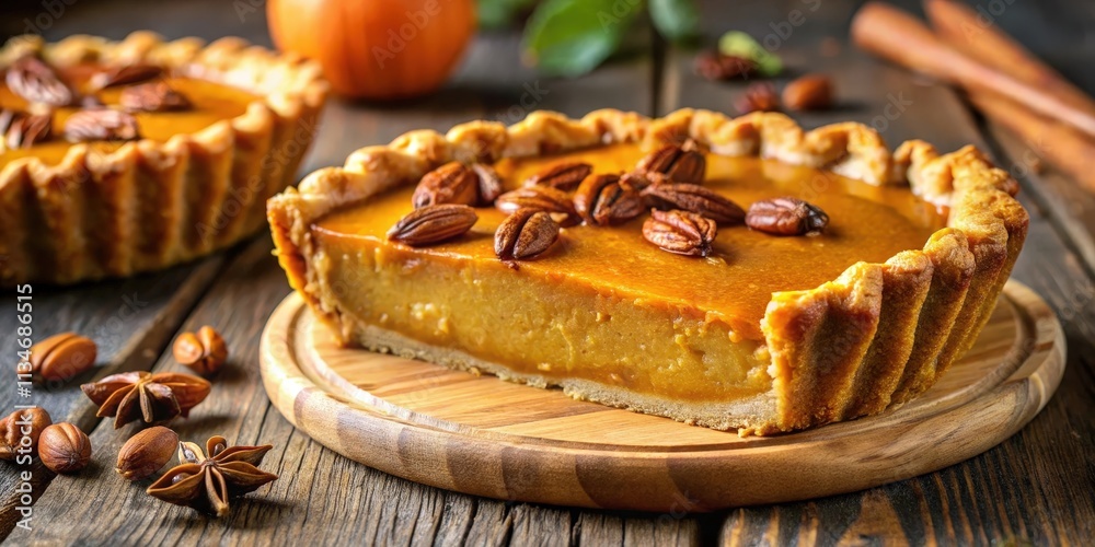 Poster a slice of pumpkin pie with a flaky crust, topped with pecan nuts, sitting on a wooden board, ready 