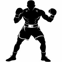 Naklejka premium Powerful boxer maintains fighting stance with raised gloves. Muscular athlete shows combat readiness in dramatic pose. Fight sports concept for boxing gyms, fitness centers, martial arts