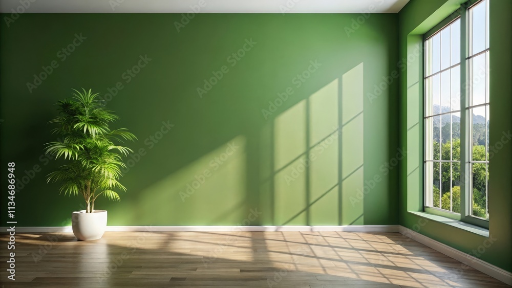 Poster a serene room with a single potted plant, hardwood floors, and a window with a view of lush greenery