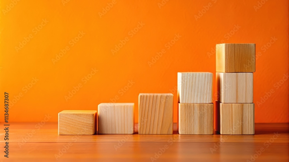 Aufkleber wooden blocks arranged in a rising pattern on a wooden surface against a vibrant orange background