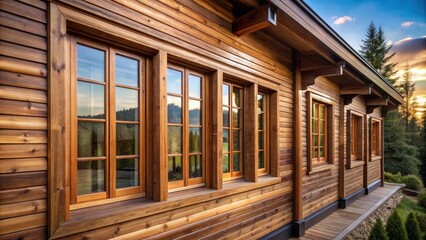 Wooden cabin exterior with multiple windows, showcasing a warm, rustic and inviting aesthetic.