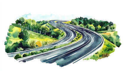 A watercolor painting depicting a highway with two motorways