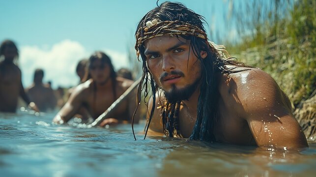 Clovis fishermen banks of a river skillfully spearing fish in shallow waters surrounded by reeds and river stones an illustrative touch emphasizing movement and water reflections