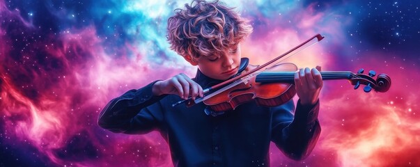 Fototapeta premium A young musician composing tunes inspired by starlit skies, engaged in a meditative exploration of sound, playing a violin against a backdrop of cosmic nebulae The ethereal scene blends art and