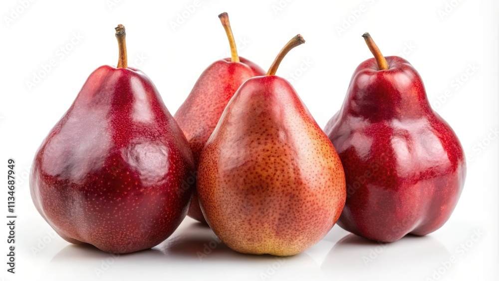 Poster a cluster of three ripe red pears with glossy skin and subtle brown speckling, arranged in a row aga