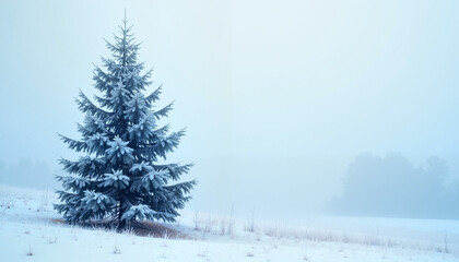 Lonely fir tree in serene mood covered with snow on foggy winter background, Blue Monday	