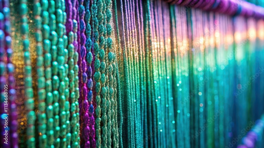Poster A shimmering curtain of iridescent beads hangs in the sunlight, creating a rainbow of colors and textures.