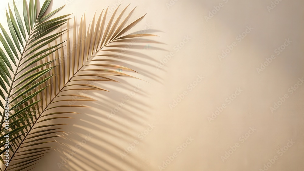 Poster sunlight filtering through palm leaves creates a natural abstract pattern on a beige wall