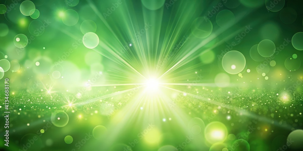 Poster A vibrant green abstract background with bright light rays radiating from the center, showcasing a delicate sparkling texture and a captivating bokeh effect.