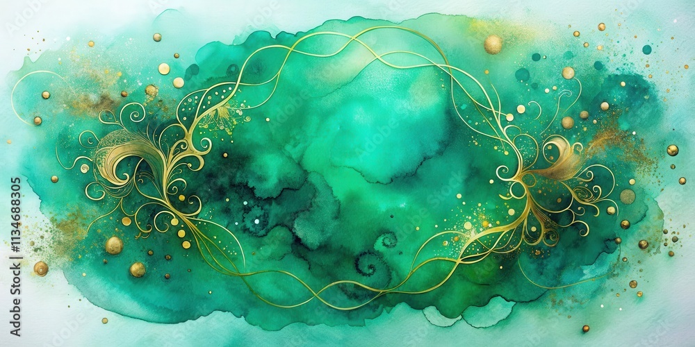 Poster abstract watercolor background with gold vines and shimmering circles