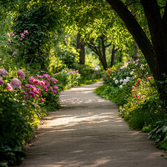 Garden path with blooming flowers
