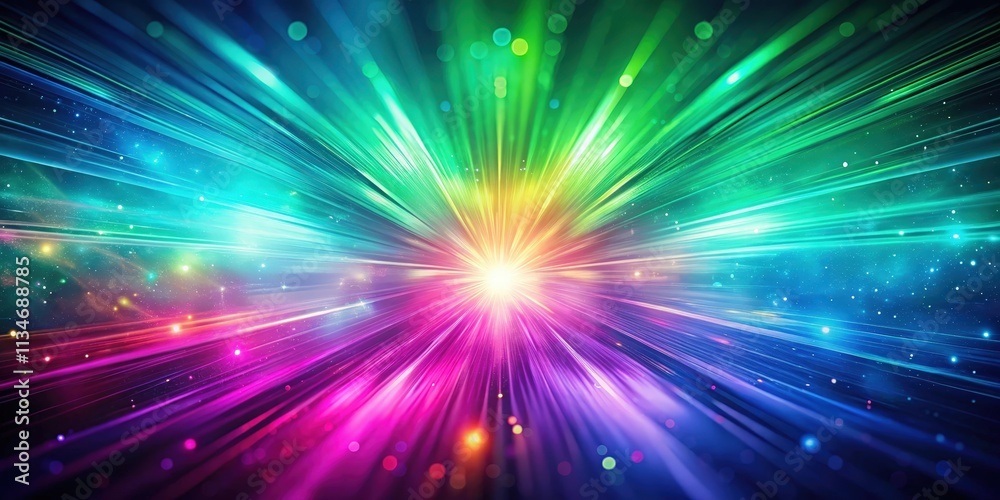 Poster a vibrant burst of light explodes from a black void, radiating colorful streaks of energy and captiv