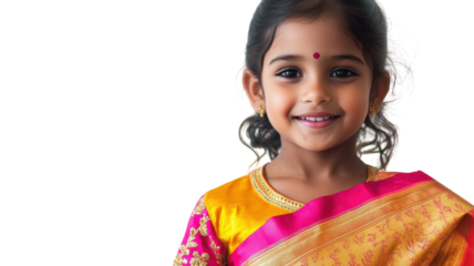 A Child Dressed in a Vibrant Sari Accentuated with Gold Accessories Perfect for Celebrations and Cultural Events.
