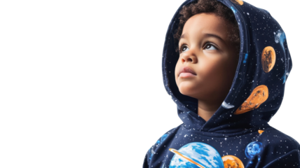 A Delightful Image of a Child Wearing a Space Themed Hoodie, Perfect for Illustrating Youthful Imagination and Playful Fashion for Apparel Retail or Advertising.